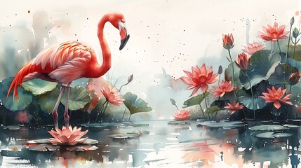mesmerizing painting portraying an elegant Flamingo Phoenicopteridae wading gracefully through a tranquil lagoon adorned with water lilies captured in a surrealistic watercolor fusion - Powered by Adobe
