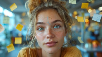Attractive young woman with attentive gaze surrounded by colorful sticky notes