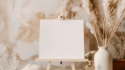 an easel, in a minimalist, light gray background and textured white wall, dried flowers in a vase