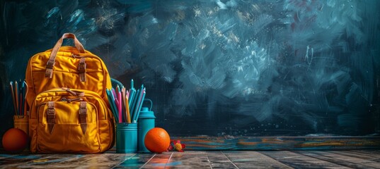 Stylish Yellow School Backpack with Supplies Against a Dramatic Blue Textured Background, Ideal for Back to School Campaigns and Educational Themes