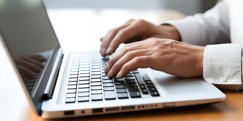 Closeup of a person typing on a computer keyboard for online learning. Concept Technology, Online Learning, Computer Keyboard, Closeup Shot, Remote Work