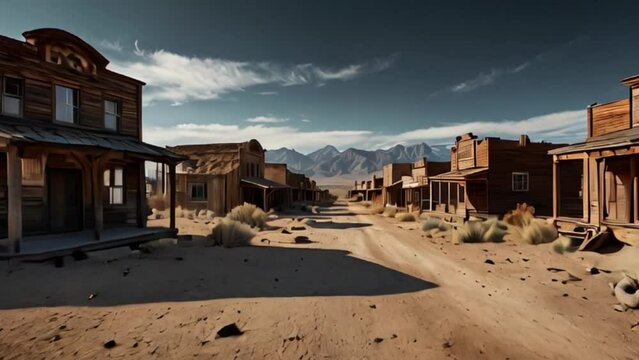 Abandoned Ghost Town in the Desert with Mountain Range in Background