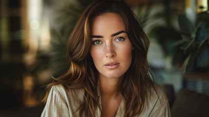 Obraz premium Digital influencer woman posing a portrait on social media, with soft and natural makeup