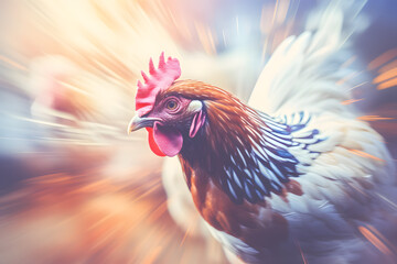 photo of a chicken running at full speed wwith a motion blurred background