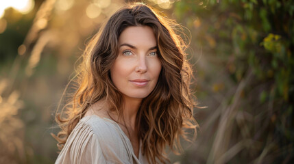 Naklejka premium Digital influencer woman posing a portrait on social media, with soft and natural makeup