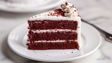 Red velvet cake displayed on a white plate
