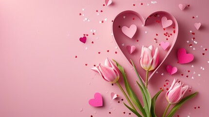 Top down view of Mother s Day celebration tulips paper hearts confetti in heart shaped cutout on soft pink background with text space