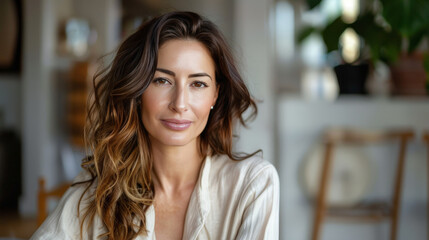 Digital influencer woman posing a portrait on social media, with soft and natural makeup