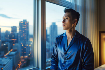 Fototapeta premium Man in blue pajamas looking out a window with a cityscape view in the evening