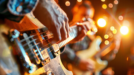 Live music performance with passion. Close-up of hands strumming electric guitar strings during a...