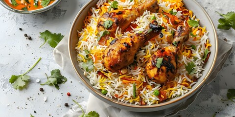 Hyderabadi Chicken Biryani: A Delicious Indian Dish Perfectly Served for Dinner. Concept Indian Cuisine, Dinner Ideas, Hyderabadi Biryani Recipe