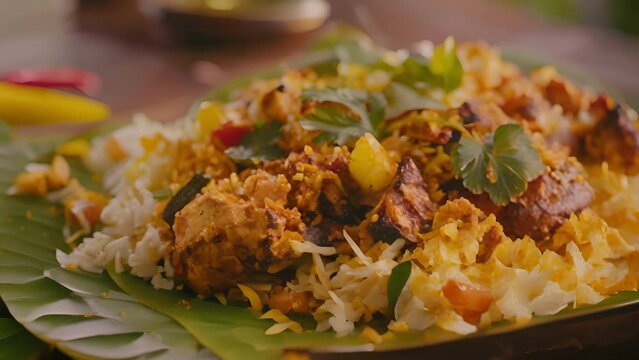 A delicious fusion of Indian and island cuisine with a hearty chicken biryani served on a banana leaf.