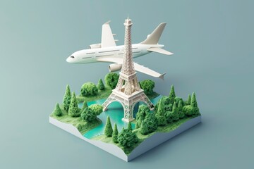 3d illustration of a plane flying to the Eiffel Tower