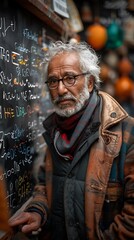 Obraz premium middleaged pakistani man writing formulas on a blackboard in a classroom