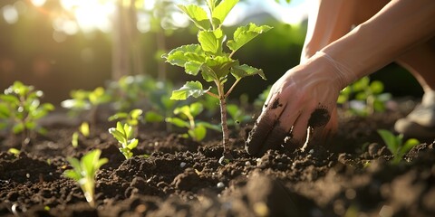 Person planting tree symbolizing global conservation under clear sky in fertile soil. Concept...