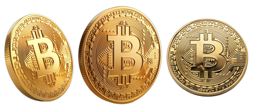 Set of bitcoin coins isolated on transparent background, Cryptocurrency, png