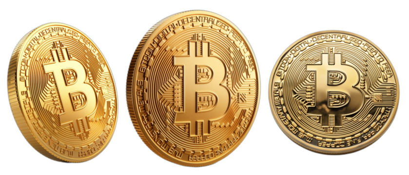 Set of bitcoin coins isolated on transparent background, Cryptocurrency, png