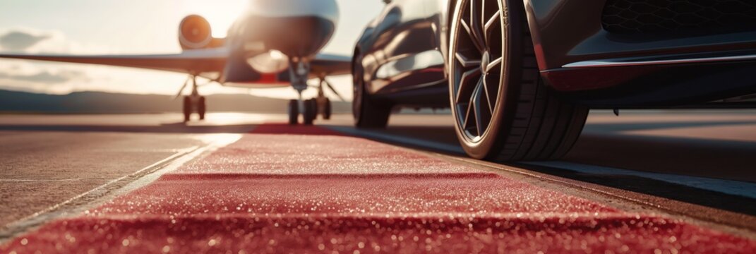 A scene depicting a luxury vehicle and private jet lined up on a tarmac during sunset, conveying a sense of exclusivity and wealth - Powered by Adobe