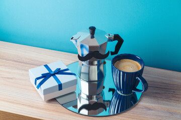 Happy Father's day concept with coffee maker, coffee cup, gift box and mirrored tray on wooden...