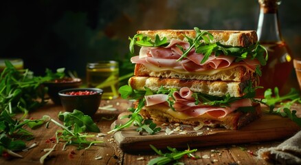 a sandwich made from slices of toasted toast filled with cooked ham and arugula, appetizing and beautiful for packaging design.