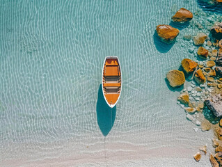 Arial top view of boat in turquoise sea tropical vacation