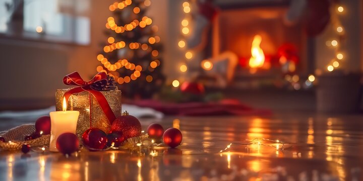 A warmly lit scene showing Christmas decorations, gifting, and a cozy fireplace, inducing feelings of the holiday spirit