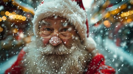 A close-up image of Santa Claus holding a blank square card perfect for holiday greetings - Powered by Adobe