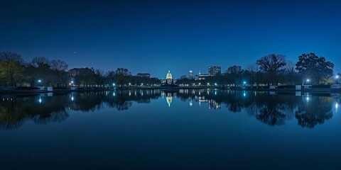 A serene nighttime cityscape with buildings reflected in a calm body of water, under a clear sky with visible stars - Powered by Adobe