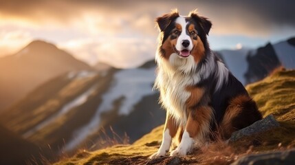 Majestic Australian Shepherd Hiking with Owner on Rocky Mountain Trail - Adventure and Companionship Concept