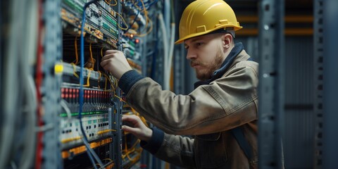 A technician is installing or repairing equipment in a data center full of server racks and cables
