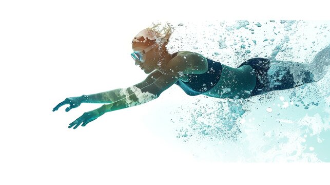 Dive into the serene beauty of crystal clear water with this stunning double exposure silhouette image capturing a swimmer mid-dive, creating a splash. Perfect for a refreshing visual experience.