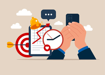 Businessman with smartphone and project task management and effective time planning tools. Work organizer, daily plan. Flat vector illustration.