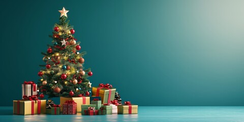 Festively adorned Christmas tree surrounded by a colorful array of wrapped presents against a bold backdrop