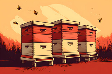 vintage style illustrated bee hive, bee illustration vintage vibe