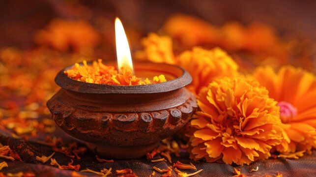 Diwali Festivities Clay Oil Lamps Illuminated with Marigold Flowers and a Greeting Card Design for the Hindu Festival of Lights