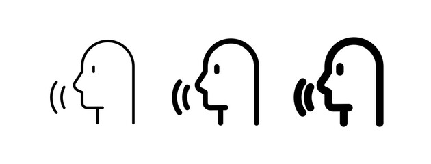 Vector person speaking, speech recognition, voice activation icon. Black, white background. Perfect for app and web interfaces, infographics, presentations, marketing, etc.