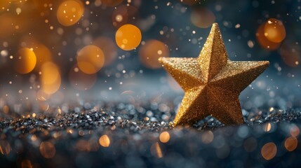 A shimmering gold star stands out against a blurred background of sparkling lights and glittery...