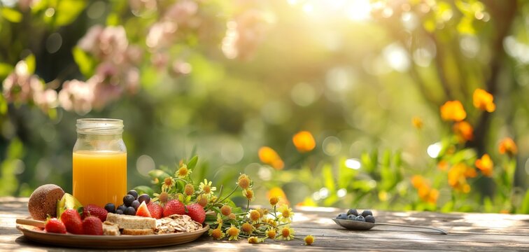 Sunlit outdoor breakfast with fresh fruit, juice, and pastries on a rustic wooden table