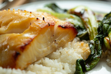 Miso glazed broiled black cod butterfish with bok choy