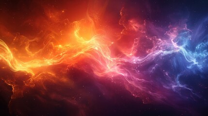 This image captures a colorful space nebula with swirling patterns of warm orange, red, and purple...