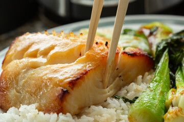 Eating miso glazed broiled black cod butterfish