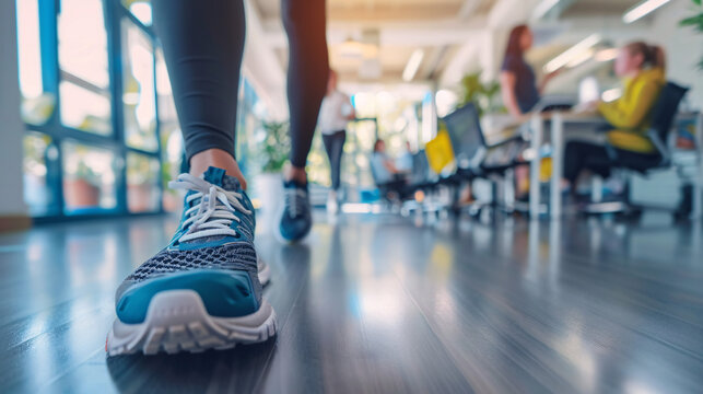 Office fitness. Close-up of woman's feet in sneakers walking in a modern office, promoting workplace wellness and activity.