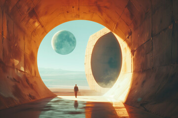 A surreal scene with a lone figure walking through a tunnel with warm orange hues, leading to a...