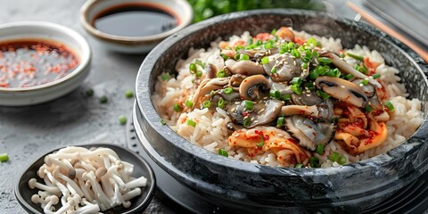 Korean Oyster Hot Stone Pot Rice with Mushrooms: A Top-Down Perspective. Concept Food Photography, Korean Cuisine, Oyster Hot Stone Pot Rice, Top-Down Perspective