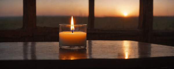 Candle on wooden table with window in background. Highly detailed illustration