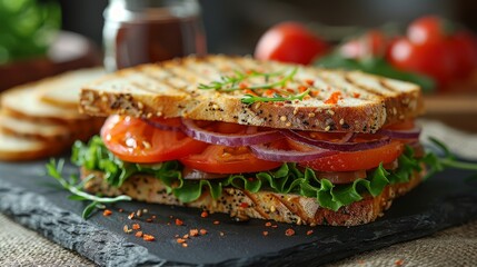 Artisan sandwich with ripe tomatoes, onions, and green lettuce layered on seeded bread