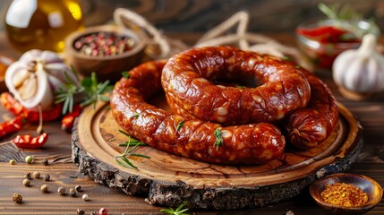 Coiled sausage with a glossy, reddish-brown casing, resting on a wooden board. In the background, there are various food items including garlic cloves