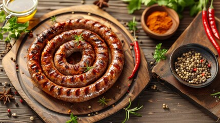 Grilled sausage with grill marks, placed on a wooden board. Surrounding the sausage are various spices and herbs including red chili peppers, green chili peppers