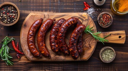 Set of grilled sausages on a wooden board, surrounded by various spices and herbs