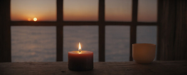 Candle on wooden table with window in background. Highly detailed illustration